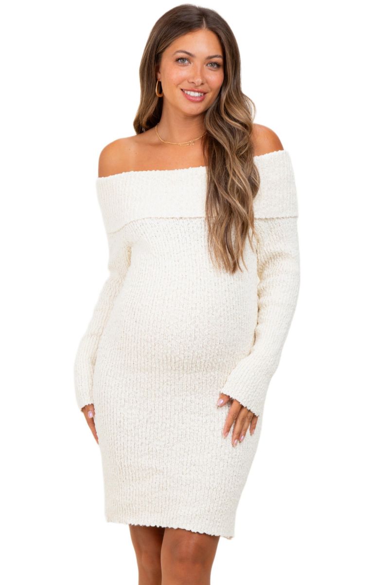 Women's Ivory Off The Shoulder Knit Sweater Mini Dress