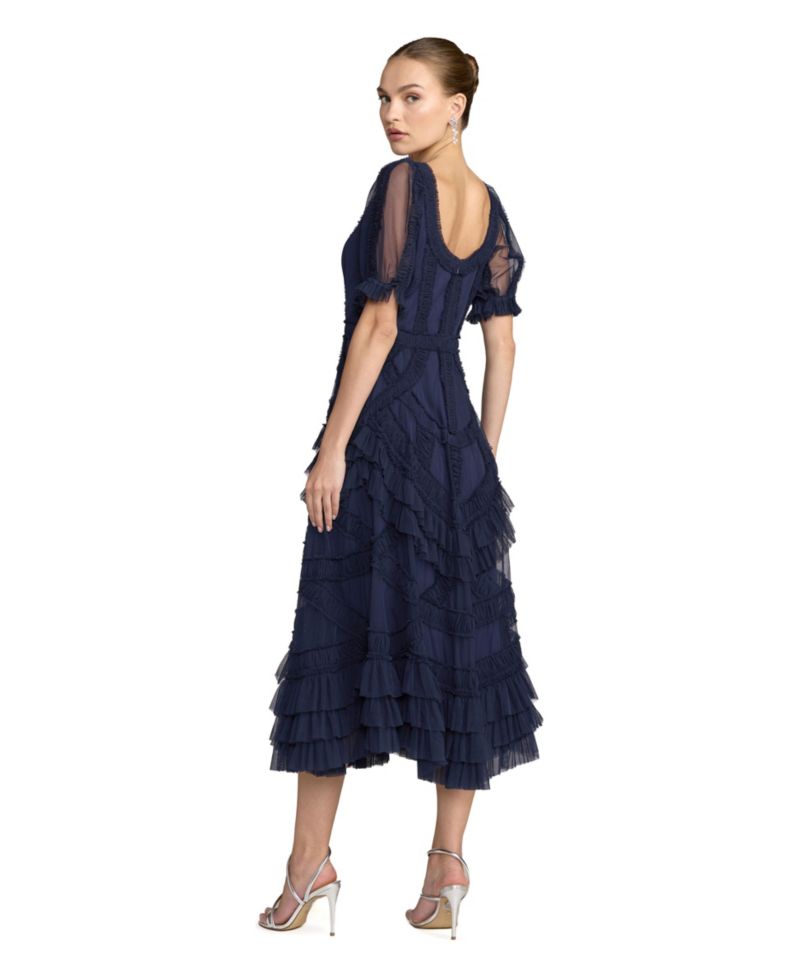 Women's Short Sleeve Mesh Mirco Ruffle Midi Dress