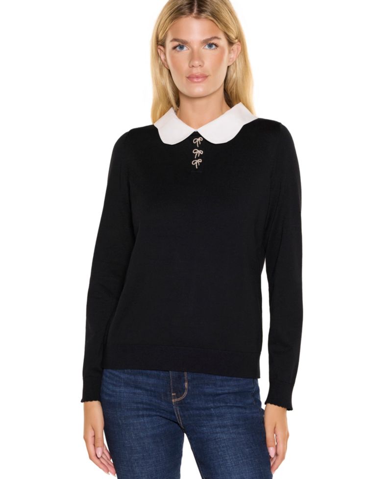 Women's Scalloped Woven Collar Keyhole-Back Rayon-Blend Pullover