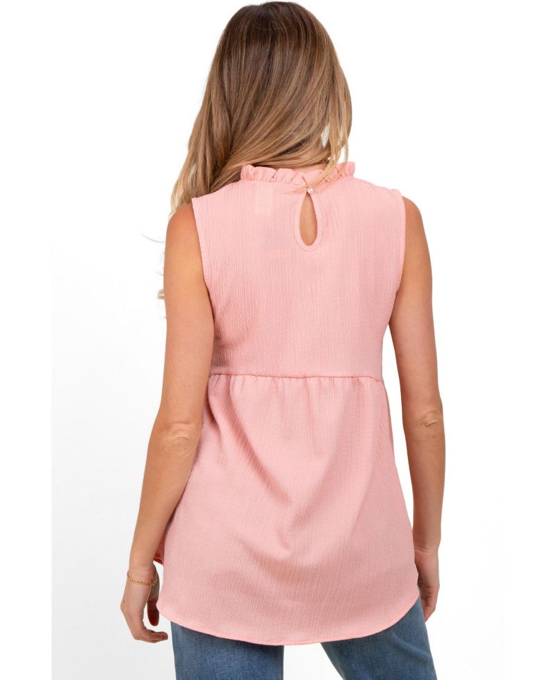 Women's Blush Ruffle Mock Neck Sleeveless Blouse