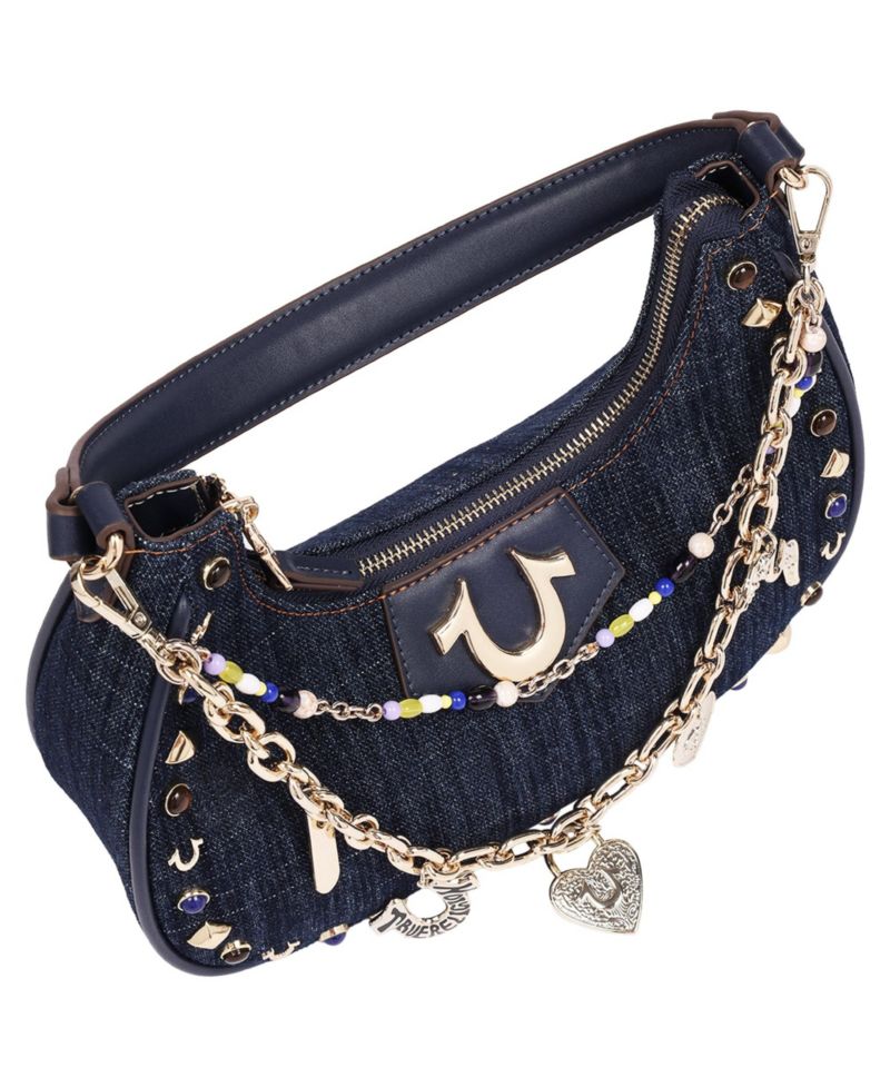 Women's Studded Denim Shoulder Bag with Removable Charm Chain