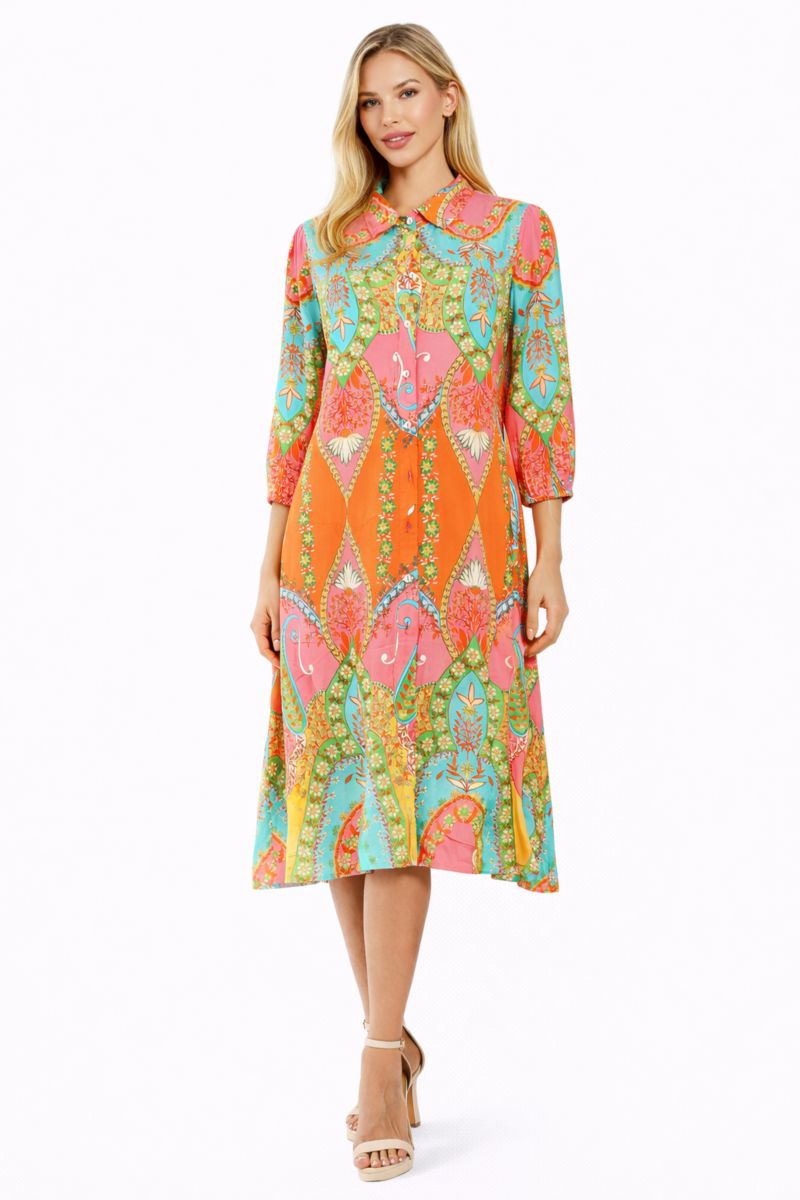 Women's Club Moda Blue Floral Button-Front Shirt Dress - Short Sleeve Midi Resort Wear Summer Vacation Dress