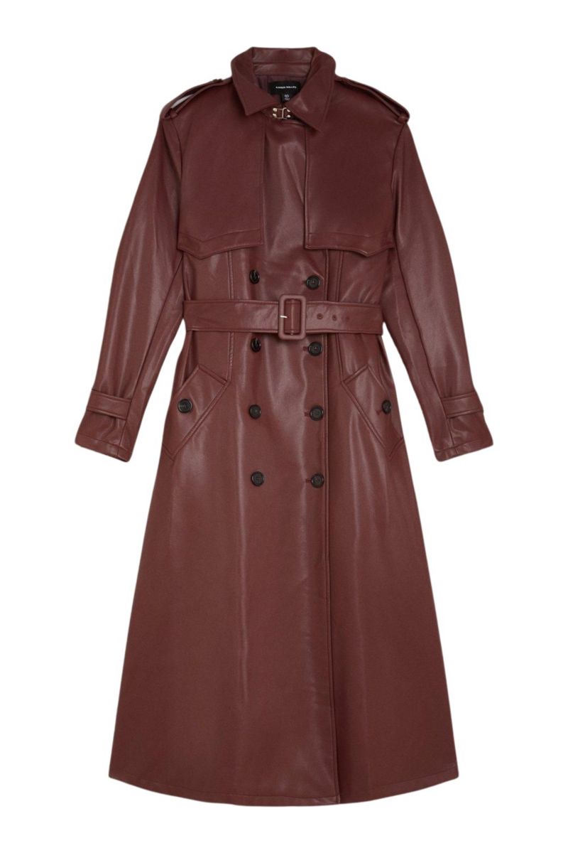 Women's Tailored Faux Leather Belted Trench Coat