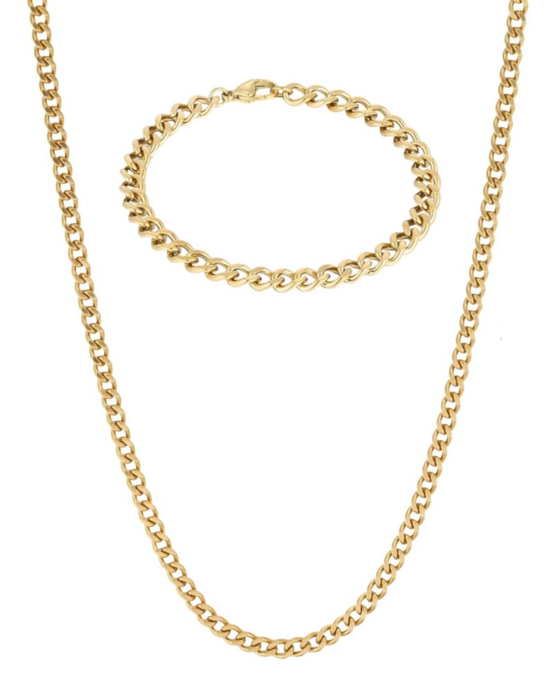 Men's Tarnish Resistant Metal-Tone 5mm Curb Chain Bracelet and Necklace Set