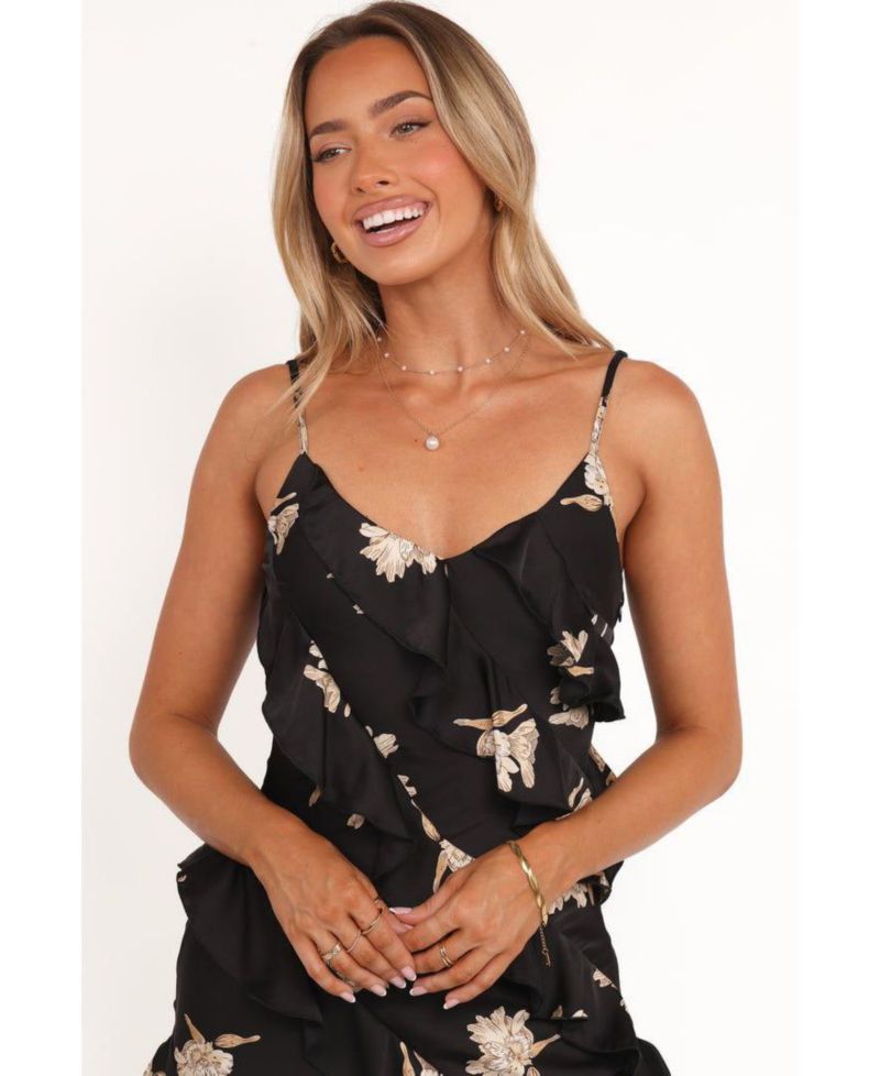 Women's Ciao Ruffles Maxi Satin Dress - Black Floral
