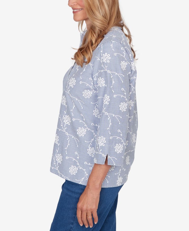 Women's Classic Puff Print Pinstripe Embroidered Button Down Top