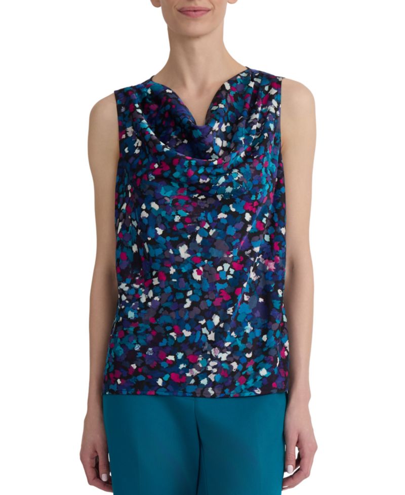 Women's Printed Pleated Cowlneck Sleeveless Top