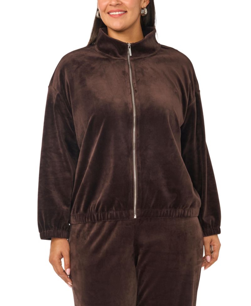 Plus Size Mock-Neck Velour Zip-Up Jacket