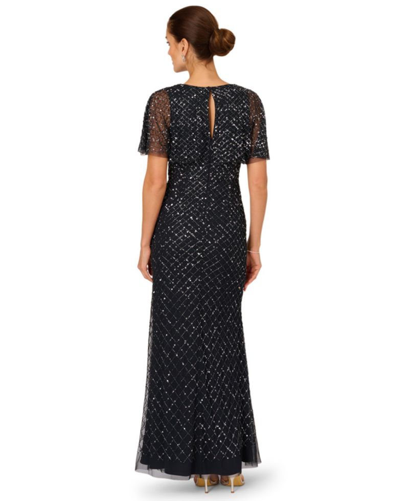 Women's Crew Neck Beaded Cowl Drape Ball Gown