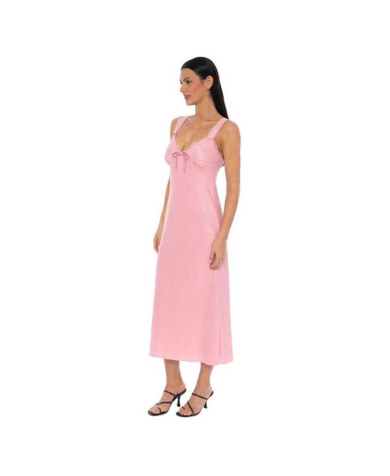 Women's Crushed Satin Slip Midi Lace-Trimmed V-Neck Dress