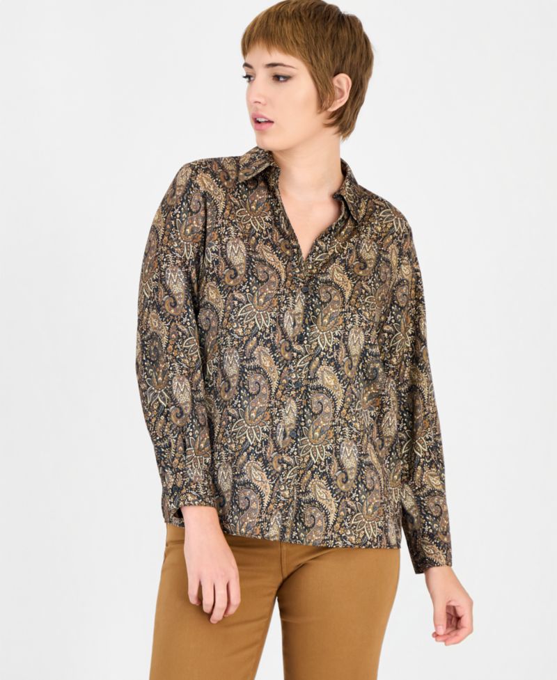 Women's Duomo Long-Sleeve Polo Collar Printed Blouse