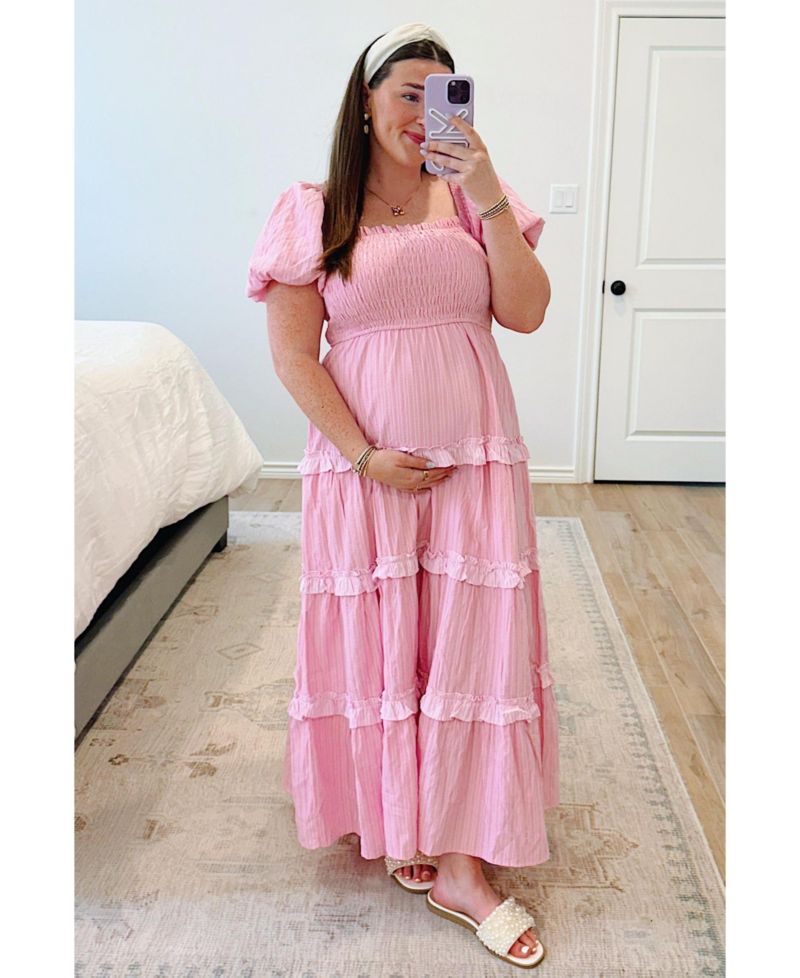 Women's Pink Smocked Ruffle Tiered Puff Sleeve Maxi Dress