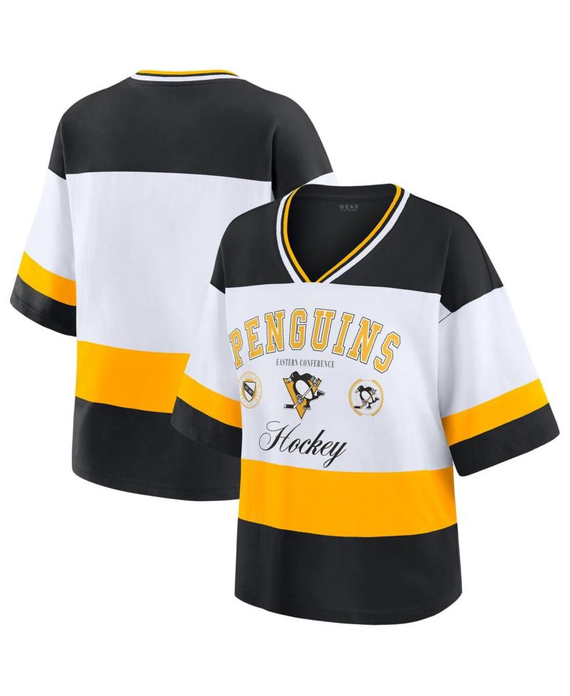 Women's Black/White Pittsburgh Penguins Football T-Shirt