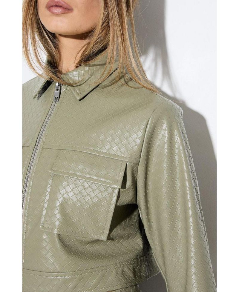 Women's Woven Detail Faux Leather Jacket