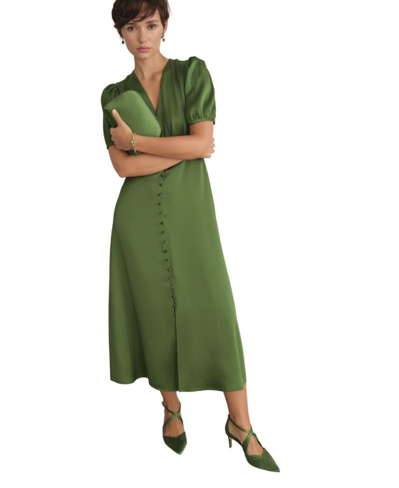 Women's Button Front Puff Sleeve Midi Dress