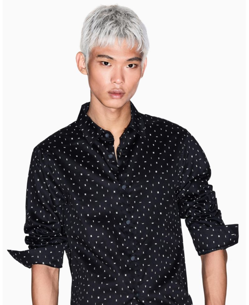 Men's Allover Letter Logo Satin Woven Shirt