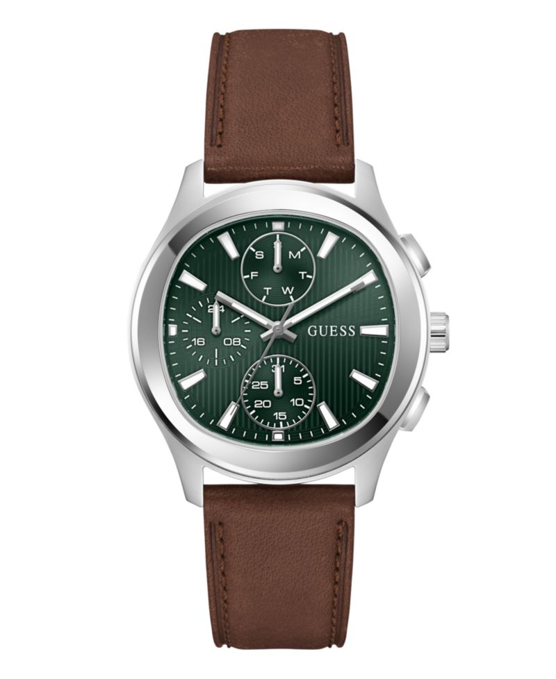 Men's Silver-Tone Brown Leather Multi-Function Watch, 40mm