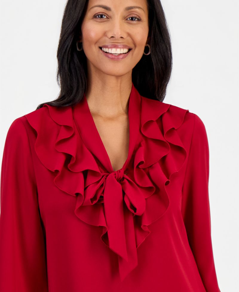 Women's Ruffle-Neck Tie-Front Long-Sleeve Blouse