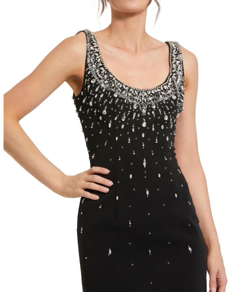 Women's Beaded Crepe Scoop Neck Sleeveless Midi Dress