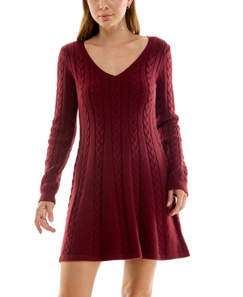 Juniors' Cable-Knit Long-Sleeve A-Line Mini Sweater Dress
