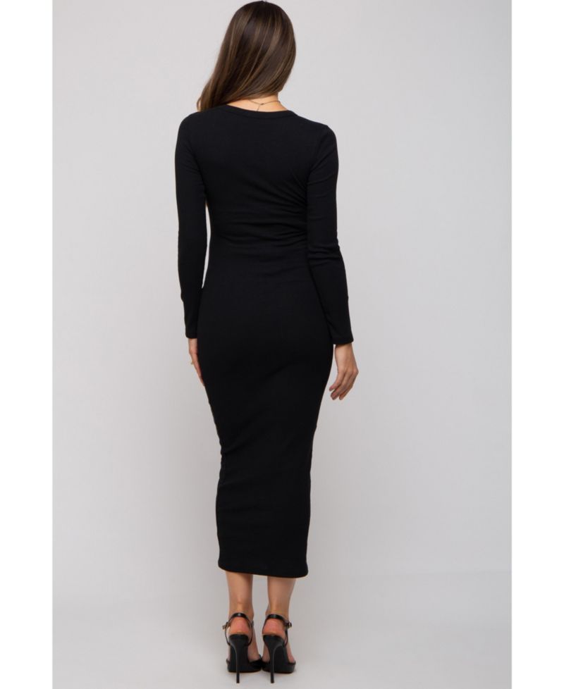 Women's Charcoal Ribbed Fitted Long Sleeve Midi Dress