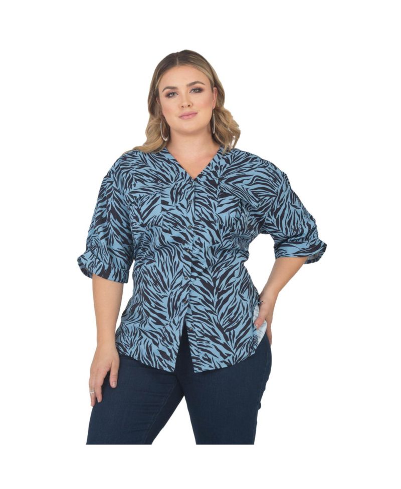 Plus Size Zebra-Print Button-Front 3/4-Sleeve Shirt