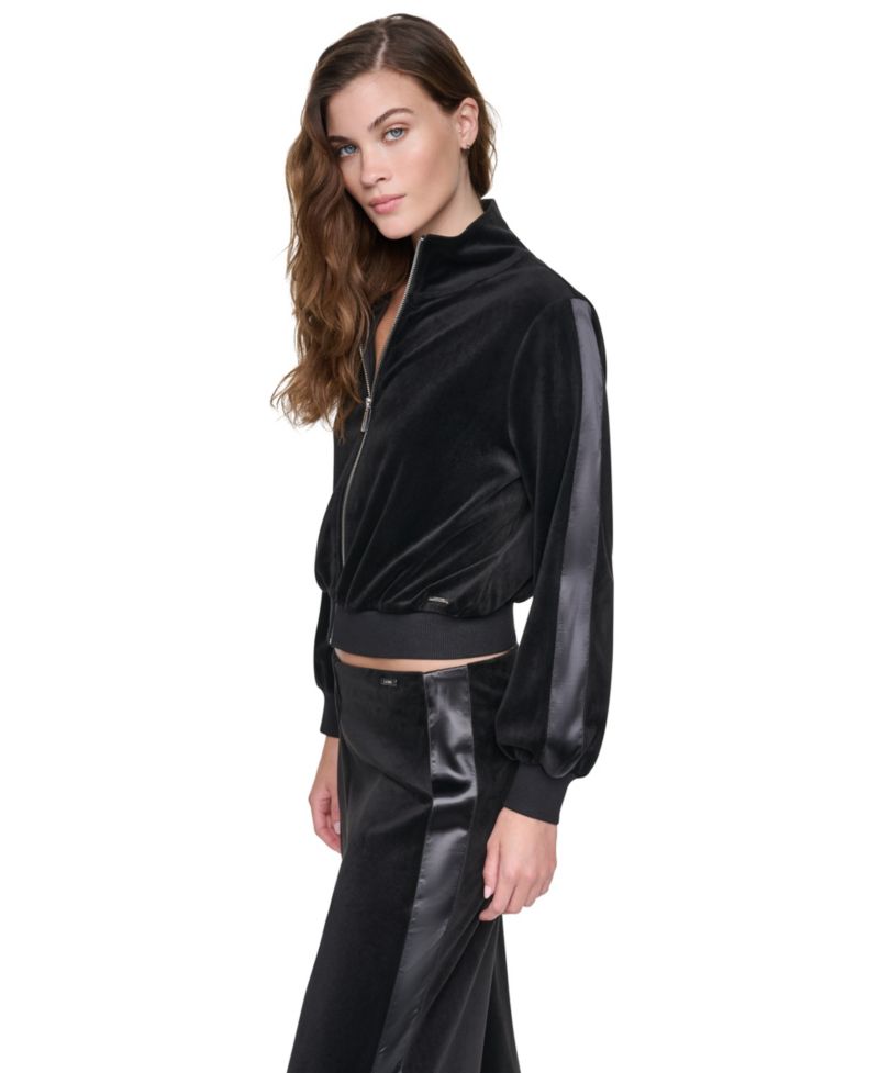 Petite Velour and Satin Trim Mock-Neck Zip-Front Jacket
