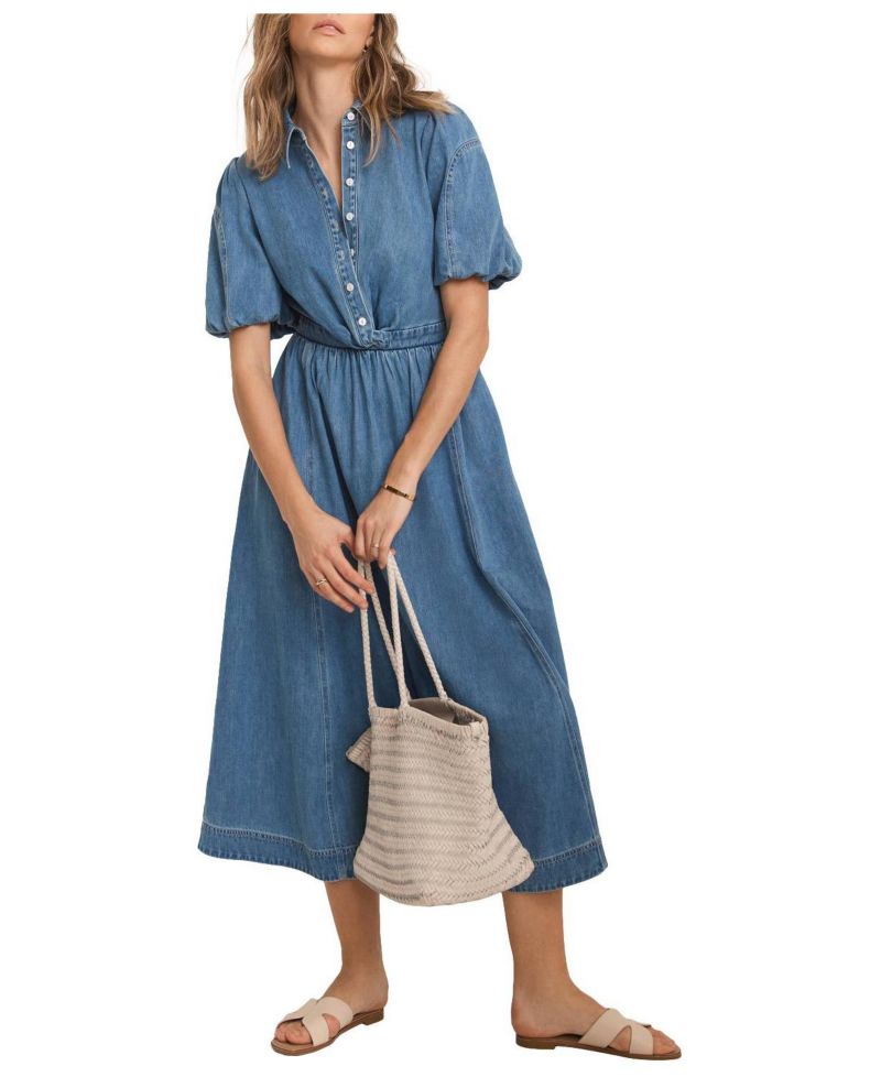 Women's Twist Puff-Shoulder Cotton-Blend Denim Midi Dress