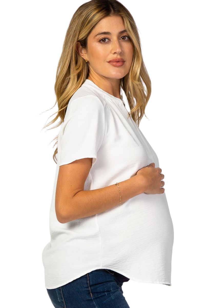 Women's White Short Sleeve V-Neck Blouse