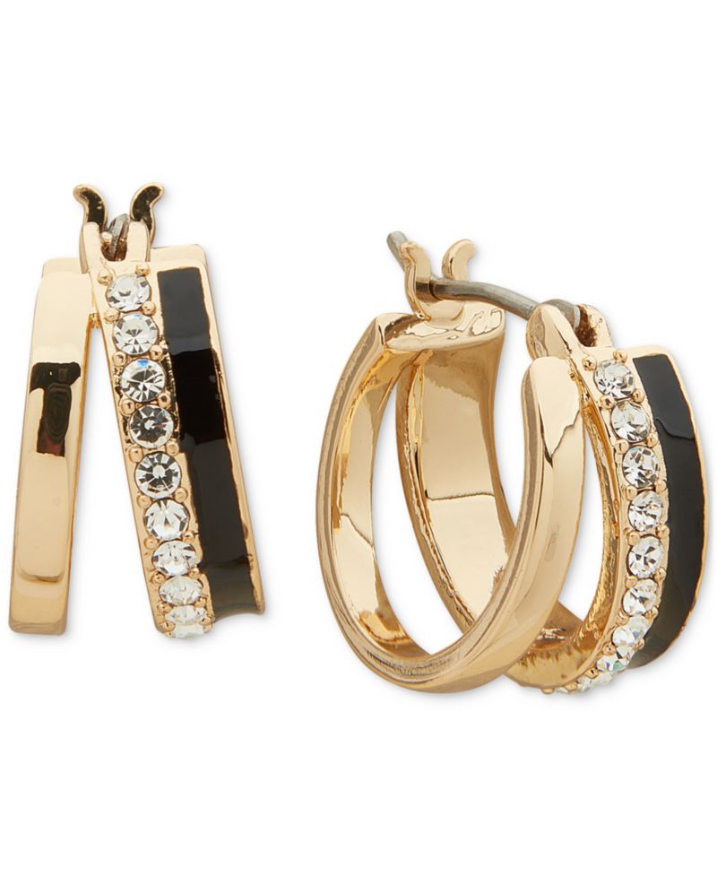 Gold-Tone Extra-Small Pav&eacute; & Jet Split-Hoop Earrings, 0.42"