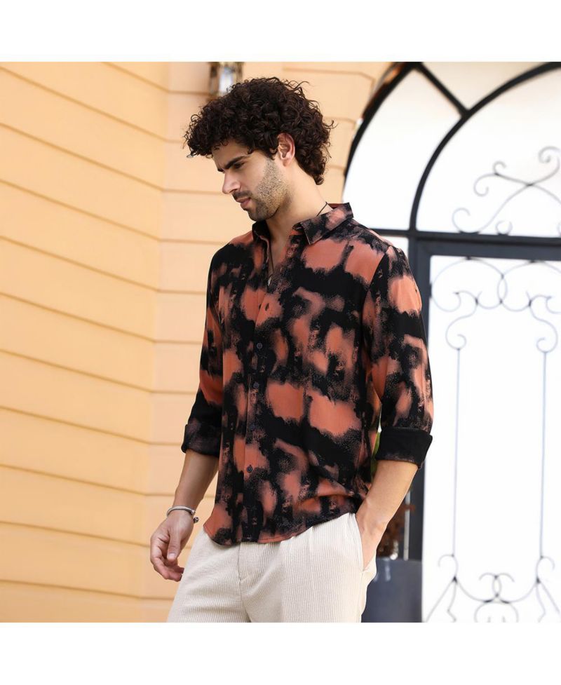 Men's Obsidian Black & Sienna Brown Smudged-Block Regular Shirt