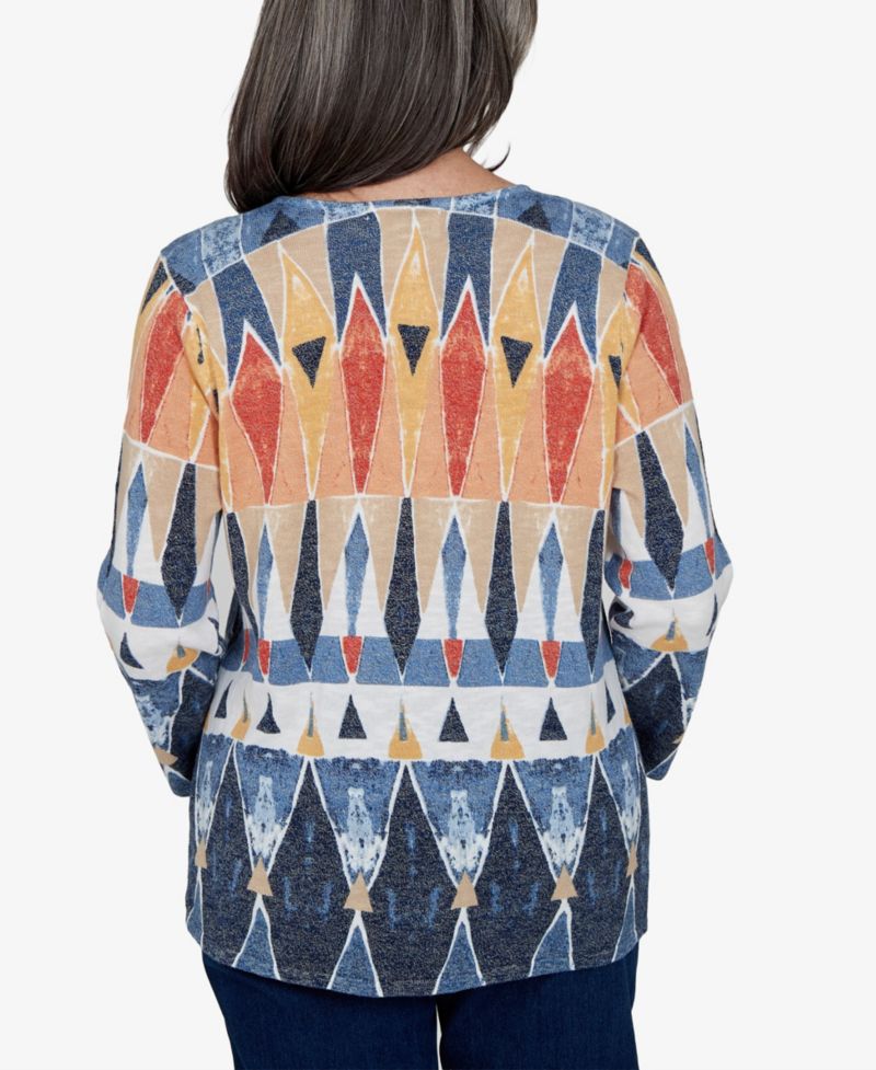 Women's Keyhole 3/4-Sleeve Geometric-Print Cotton-Blend Pullover