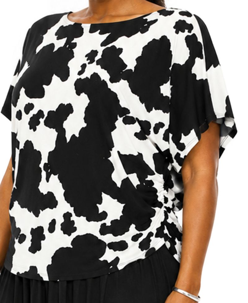 Plus Size Cow Print Batwing Short-Sleeve Side-Ruched Boat Neck Top