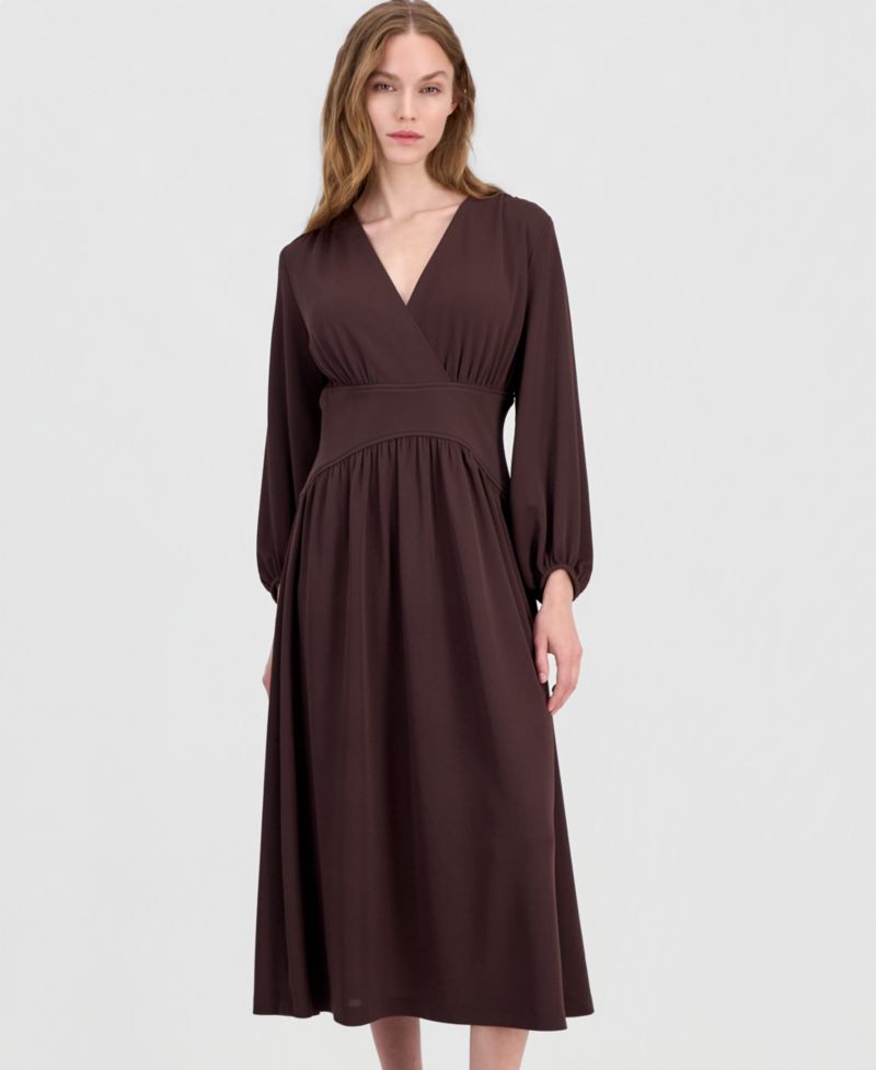 Women's V-Neck Blouson-Sleeve Midi Dress