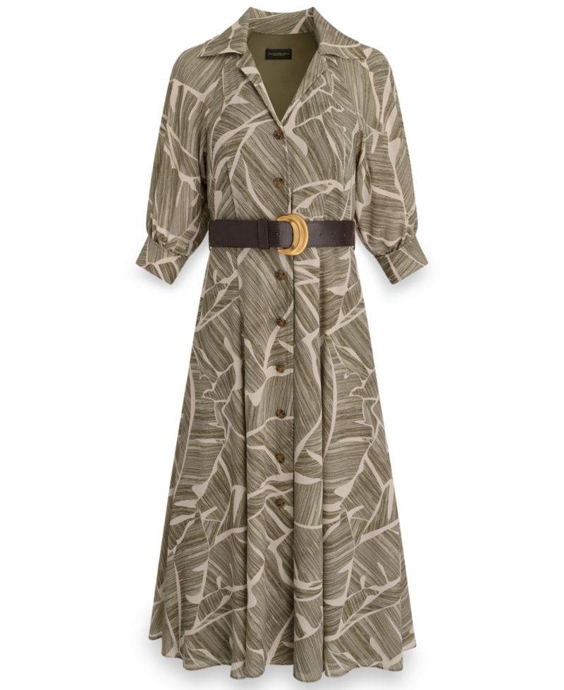 Women's Printed Collared Shirt Dress with Faux Leather Belt