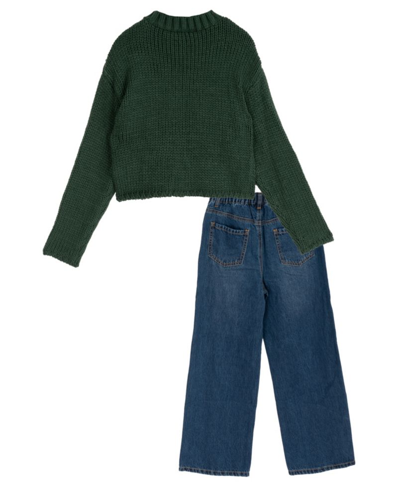 Girls' 7-12 Star Graphic Chunky-Knit Wide-Leg Denim Sweater, Pants and Necklace, 3-Piece Set