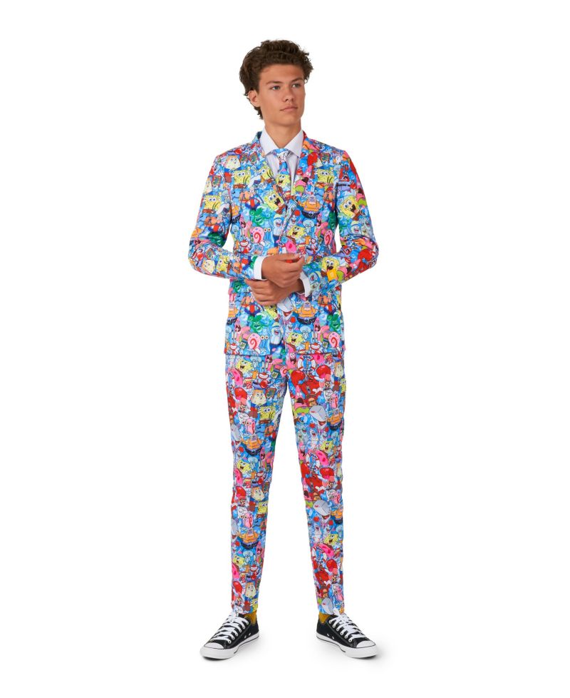 Big Boys SpongeBob Frenzy Slim Fit Suit Set Including Blazer, Pants and Clip-On-Tie