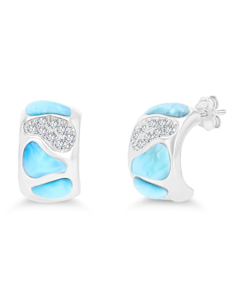 Larimar and Cubic Zirconia Accent Mosaic Half Hoop Earrings in Sterling Silver