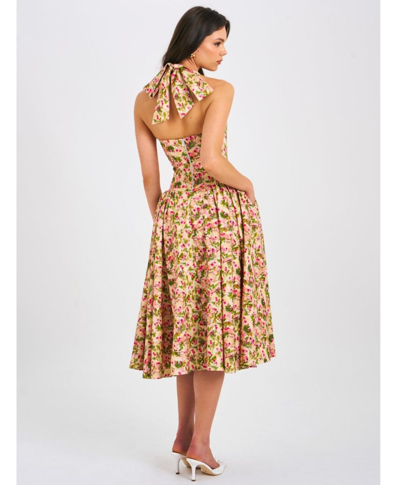 Women Niya Floral Print Linen Halter Corset Maxi Dress