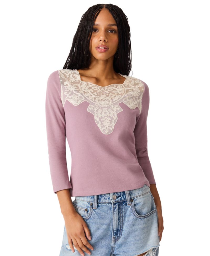 Women's Rib Knit Lace Trim 3/4 Sleeve Square Neck Top