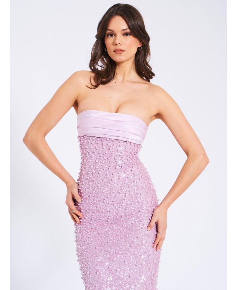 Women's Lainey Purple Satin Sequin Pearls Beaded Maxi Dress