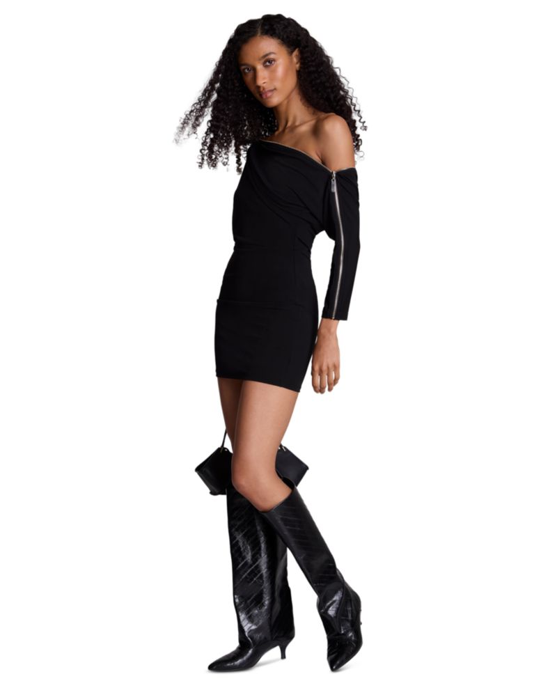 Women's Zipper Shoulder Mini Off-the-Shoulder Long-Sleeve Body-Con Dress