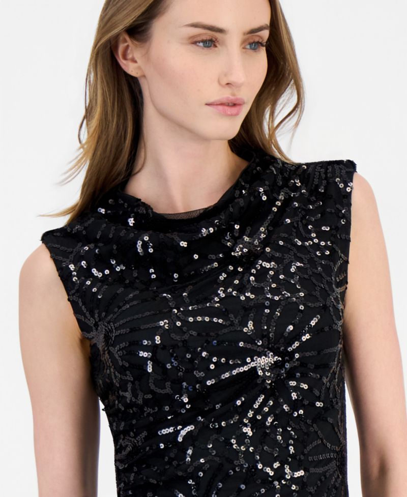 Women's Sleeveless Floral-Sequin Draped-Neck Midi Dress