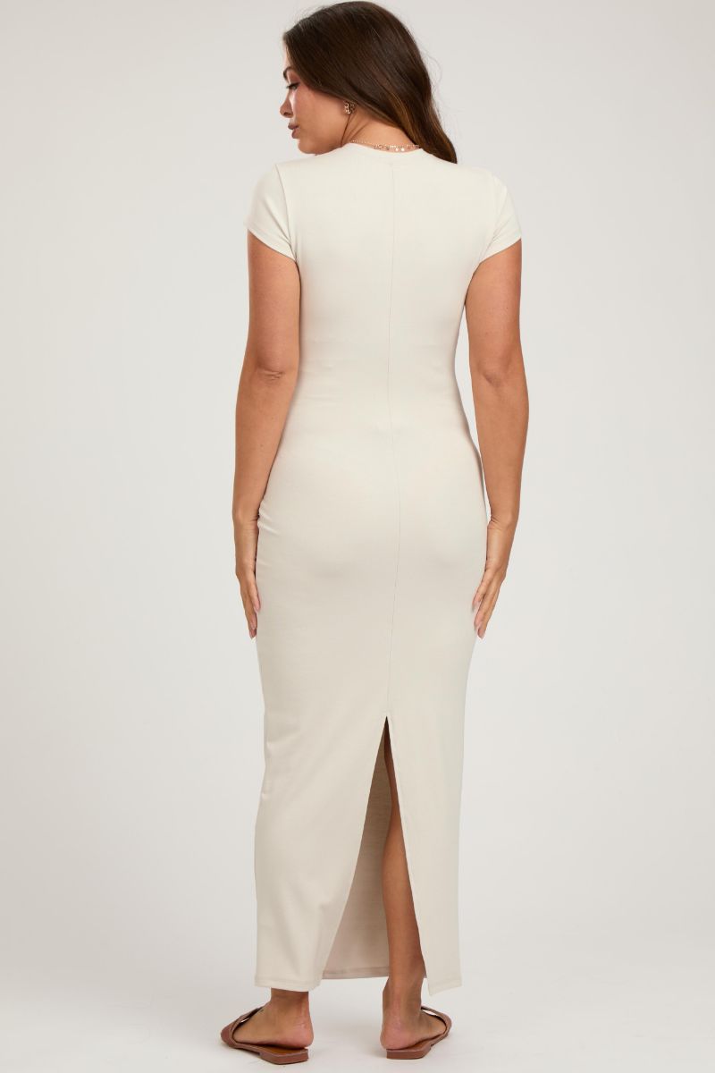 Women's Cream Fitted Short Sleeve Maxi Dress