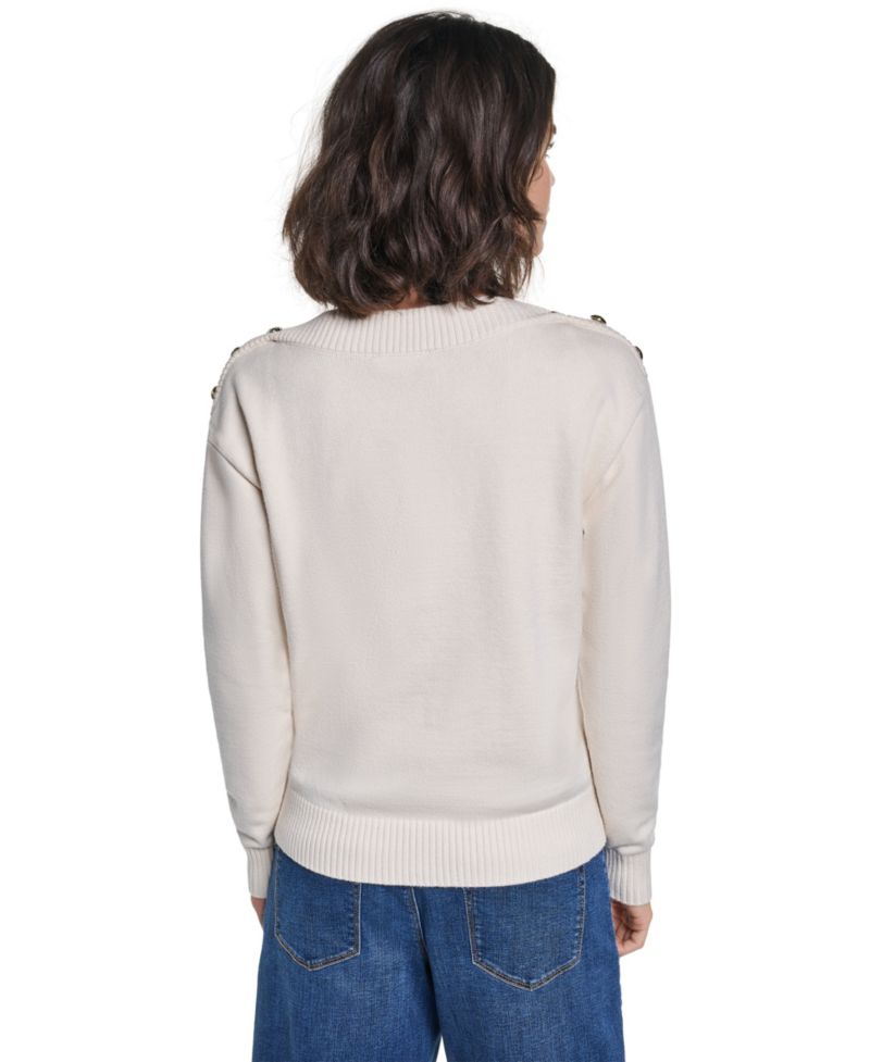 Women's Button Shoulder Boat Neck Long-Sleeve Sweater