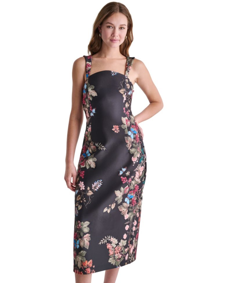 Women's Floral Print Square Neck Satin Midi Dress