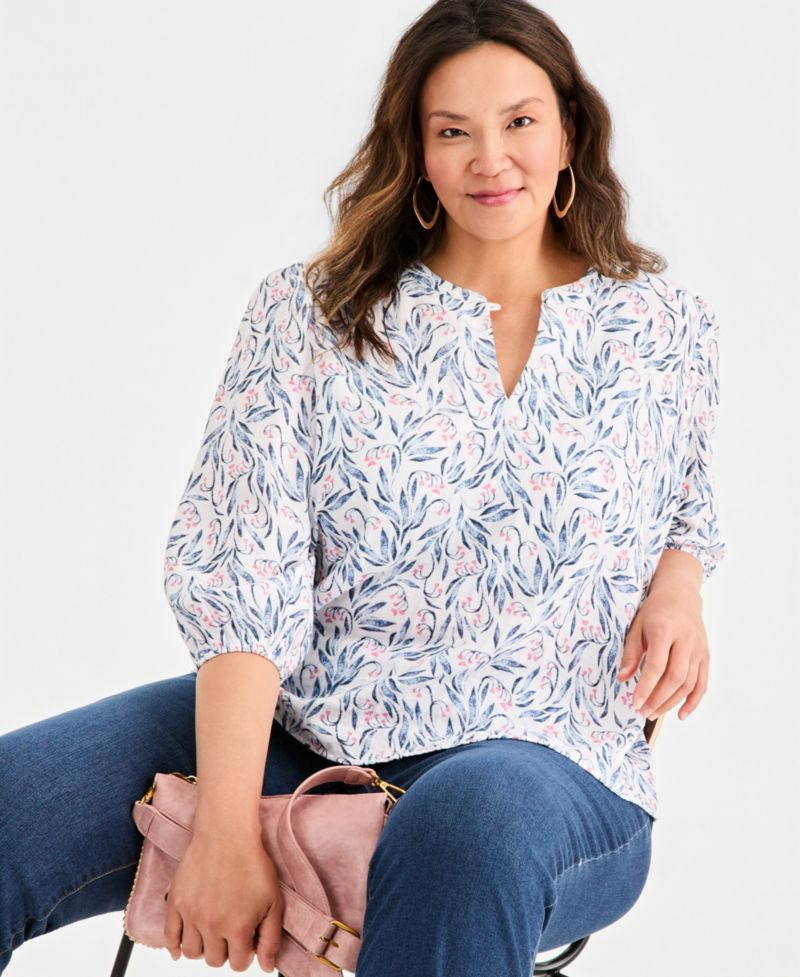 Plus Size Printed Cotton Gauze 3/4-Sleeve Top