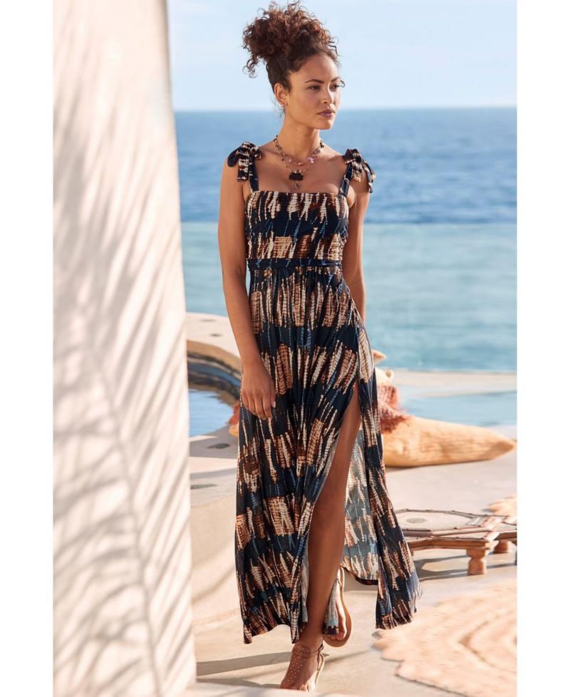 Women's Viscose Tropical Print Tie Strap Slit Halter-Neck Maxi Dress