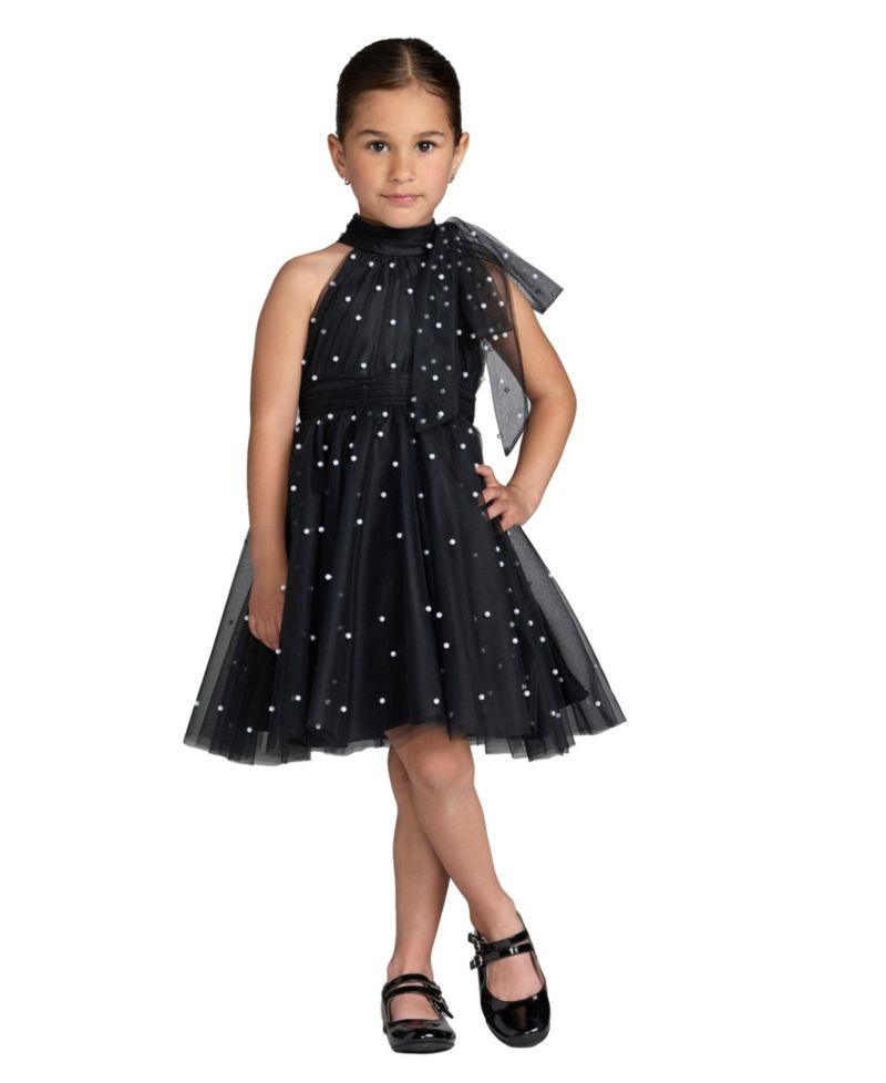 Little Girls Pearl Embellished Tulle Fit and Flare Dress