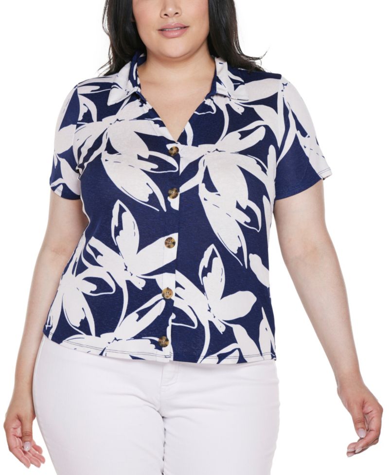 Plus Size Floral Button-Front Knit Top